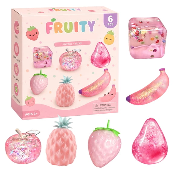 6 Pack Pink Fruit Squishy Sugar Fidget Squeeze Crunchy Toys Set Filled Classic Strawberry Apple Banana Pineapple Cube Fruit Water Droplet Slow Rising Stress Relief Fun Gels Sticky Multi Shaped Bundle