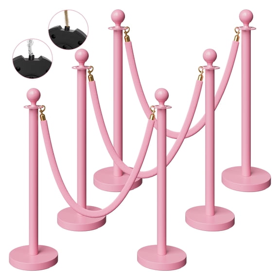 6 Pack Pink Stanchion Set with Velvet Ropes, Stainless Steel Crowd Control Barriers, 3 Pink Velvet Ropes and Stanchion Poles for Wedding, Party, Baby Shower, Bridal Shower and Event Decor