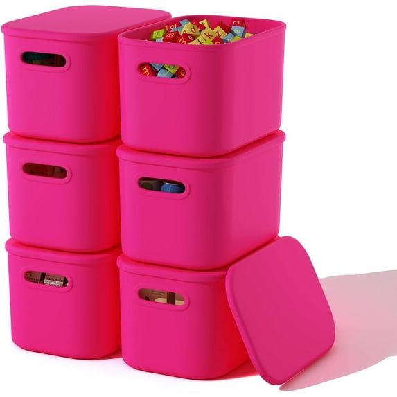 6 Pack Pink Storage Bins with Lids Stackable Storage Container for Organizing, Storage Boxes with Handle for Shelves, Cute Storage Bin for Craft, Snacks, 9.85x6.9x5.7 inch