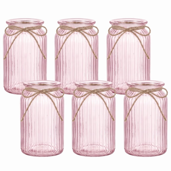 6 Pack Pink Wide Mouth Mason Jar Vases with Twine, Vintage Farmhouse Rustic Glass Flower Centerpiece Jars for Wedding, Baby Shower, Party Table Decor & Home Floral Arrangement
