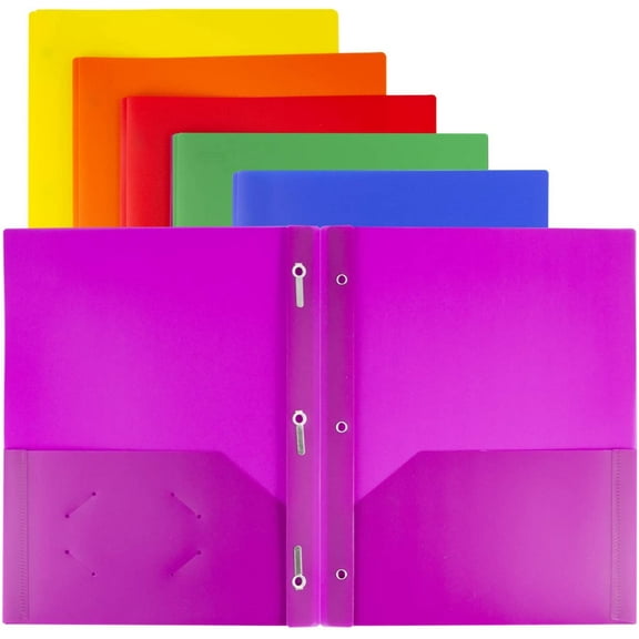 6 Pack Plastic 2 Pocket Folders with Prongs, Letter Size Poly Folders with 3 Metal Prongs Fastener Clips
