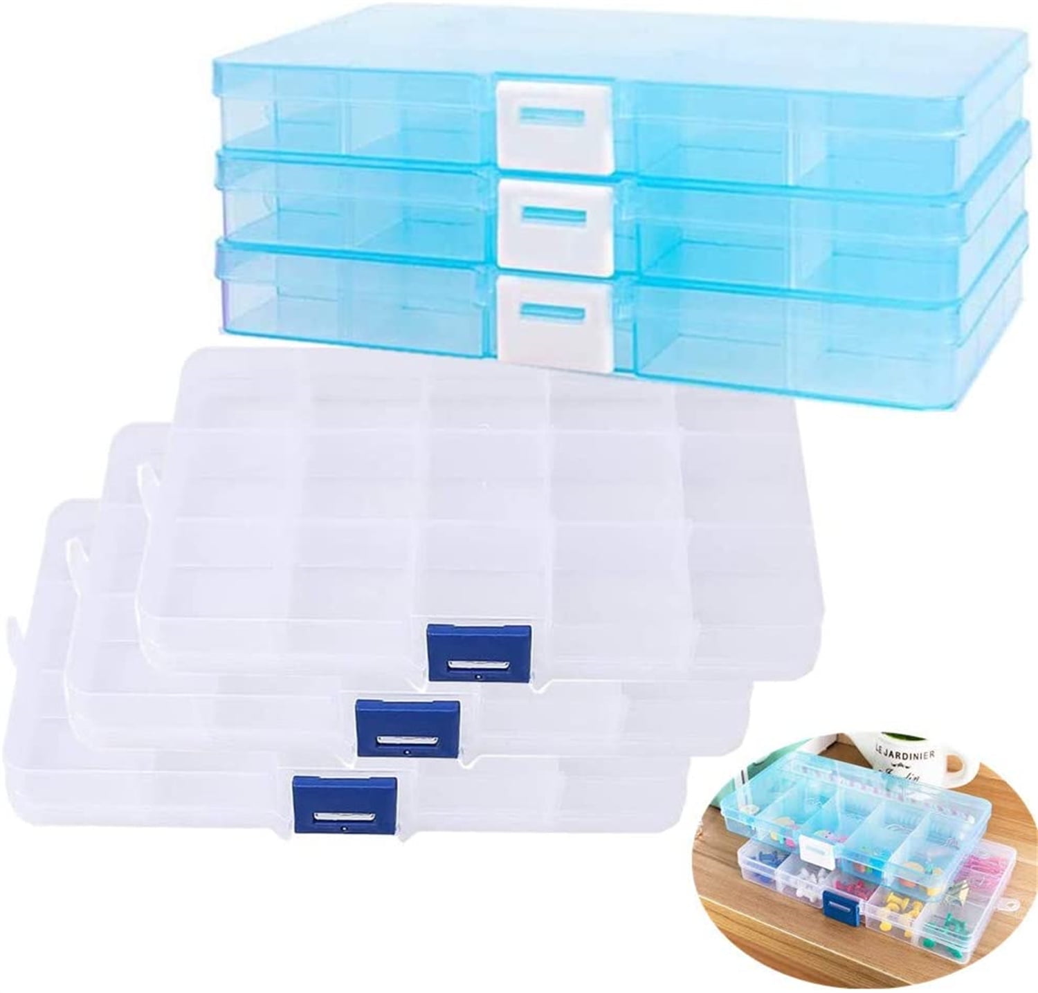 6 Pack Plastic Bead Organizer Storage Box with Compartments Containers with Adjustable Dividers Clear Storage Box for Earring Jewelry Beads Fishing Sewing Craft Supplies, 15 Grids
