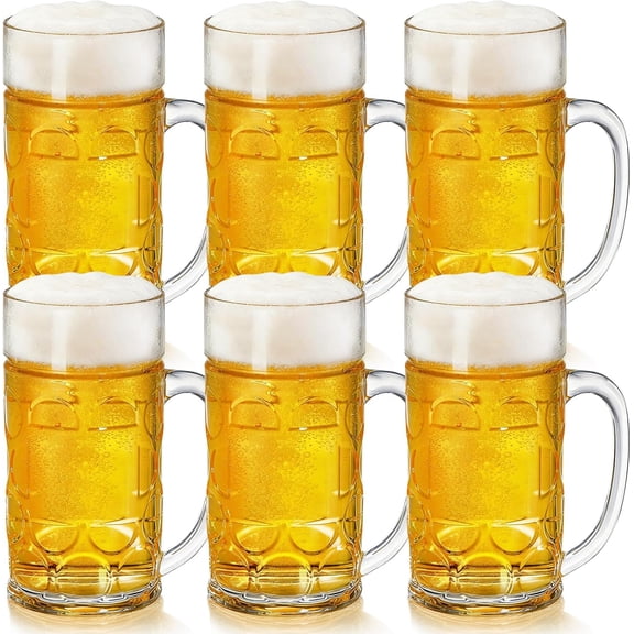 6 Pack Plastic Beer Mugs, 20 oz./600ml Beer Steins with Handles, Resuable Beer Drinking Cups, Clear Large Beer Mugs for Bar, Beverages, Alcohol, Freezable, BPA Free