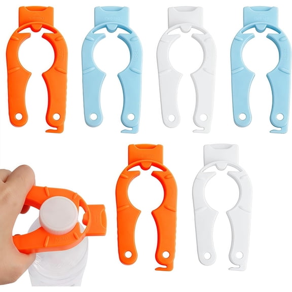 6-Pack Plastic Bottle Cap Opener, 3-in-1 Multi-Purpose Gripper Water Bottle Opener for Arthritic Hands, Easy-Twist Jar Opener Tool for Kitchen, Camping & Outdoor Use (Orange, Blue, White)