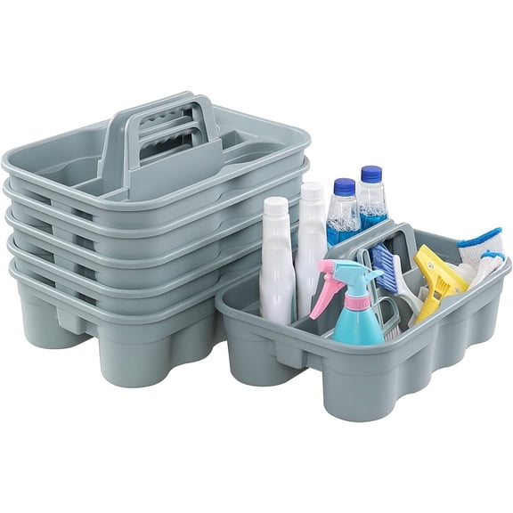 6-Pack Plastic Caddy for Cleaning Products, Caddy with Handle, Gray