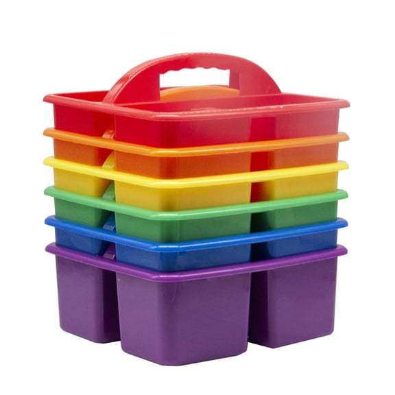 6 Pack Plastic Classroom Caddy Organizers with Handles, 3 Compartments, Stackable Supply Storage Bins, Assorted Colors
