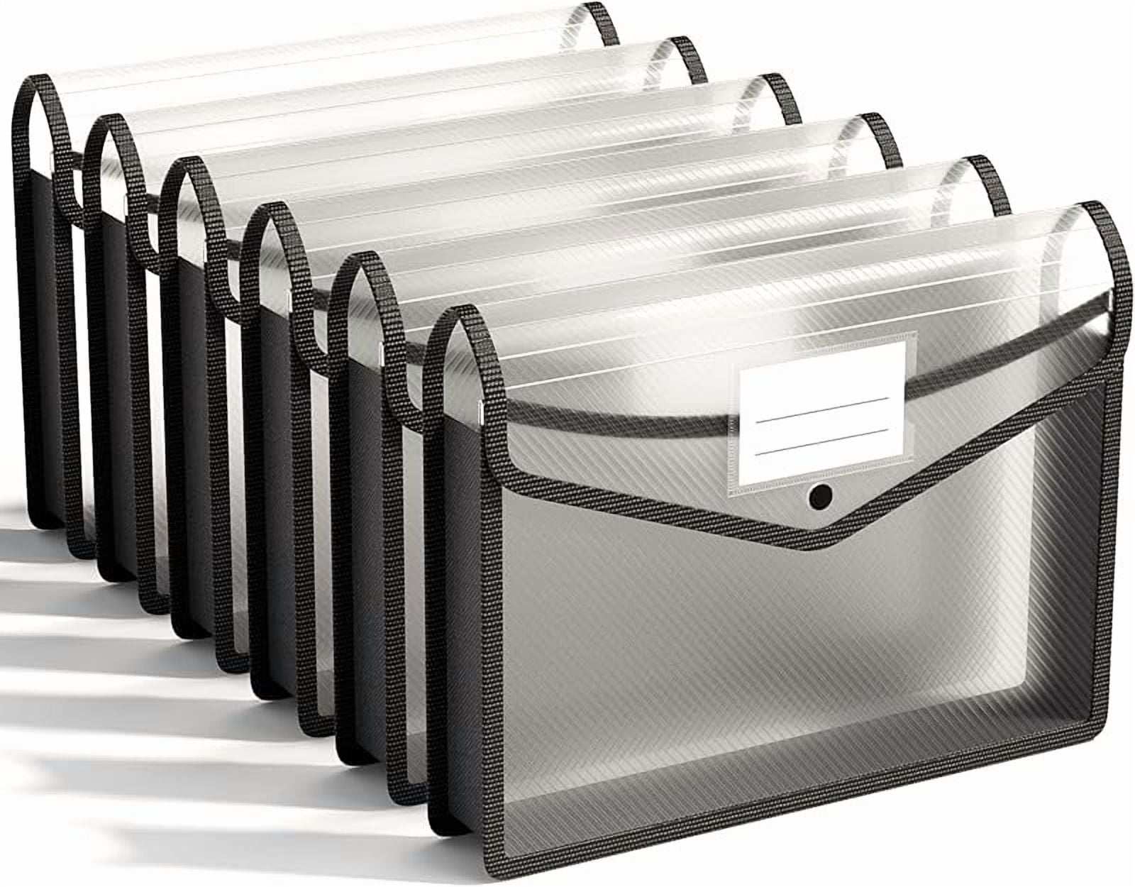 6 Pack Plastic Expanding File Folder, Folders for Documents with Snap Closure, Black File Folder Organizer Holder, Transparent Accordion File Pouch,Large Capacity, Fit Letter/A4 Size