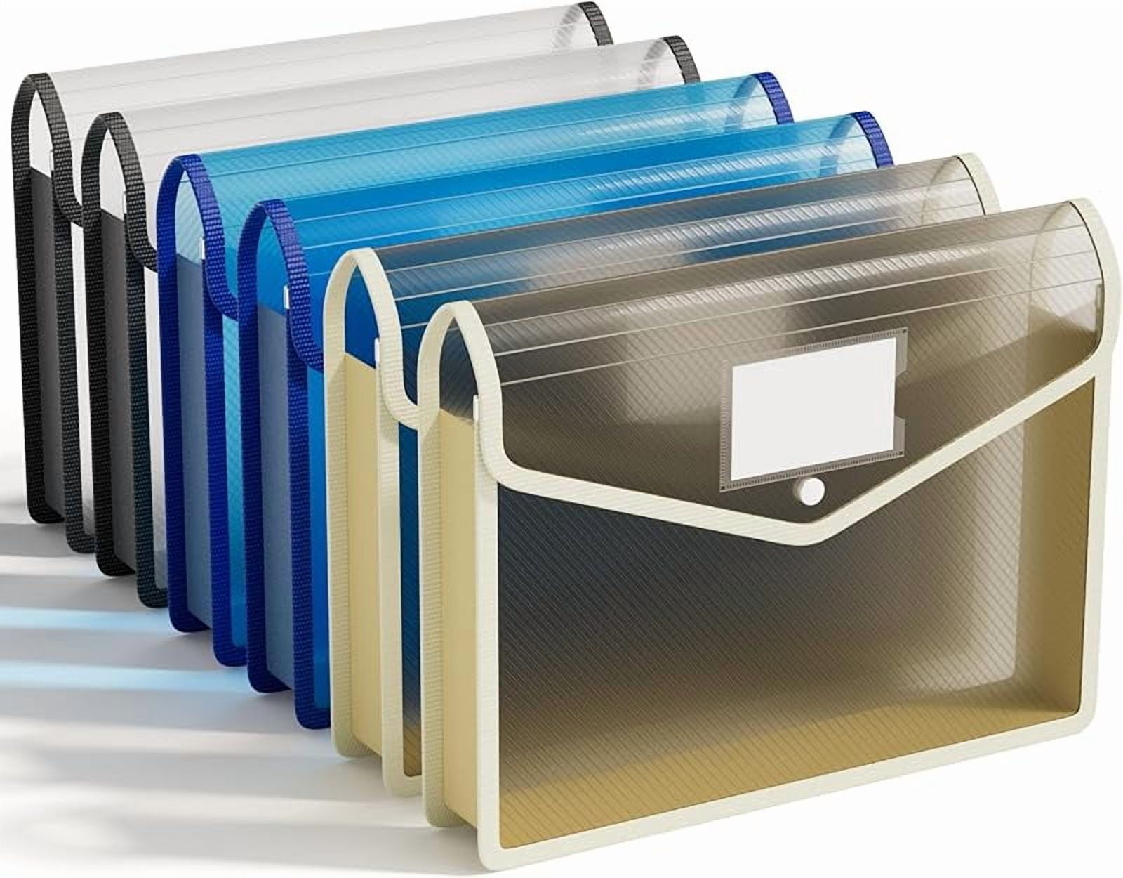 6 Pack Plastic Expanding File Folder, Transparent envelopes with Snap Closure, No Dividers, Large Capacity, Assorted Colors, Fit Letter/A4 Size