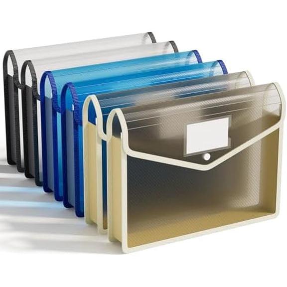 6-Pack Plastic Expanding File Folders, Translucent Plastic Envelopes with Snap Closure, Large Capacity, Paper Storage Fits Letter/A4 Size - Black+Blue+Tea Grey