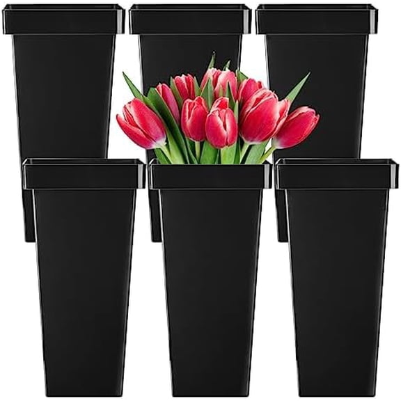 6 Pack Plastic Flower Vases, Modern Square Vase, Multipurpose Buckets, Accents Home Office Event Centerpieces Decor, Black, 6.75 x 6.75 x 13.25 Inch$$