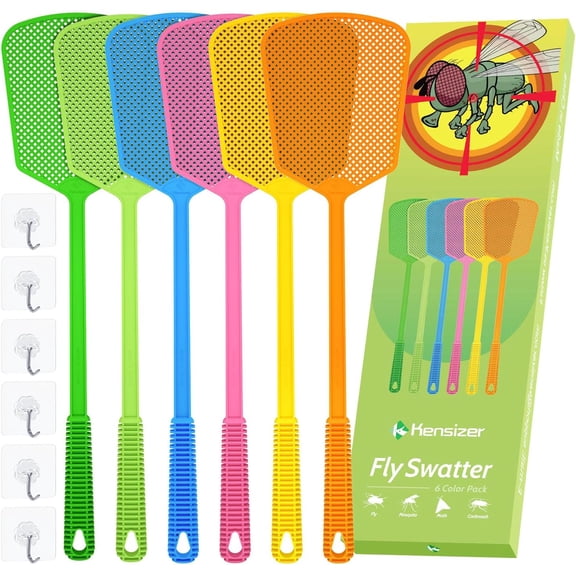 6-Pack Plastic Fly Swatters Heavy Duty, Multi Pack Matamoscas, Jumbo Long Handle Fly Swat Shatter Bulk, Large Bug Swatter That Work for Indoor and Outdoor