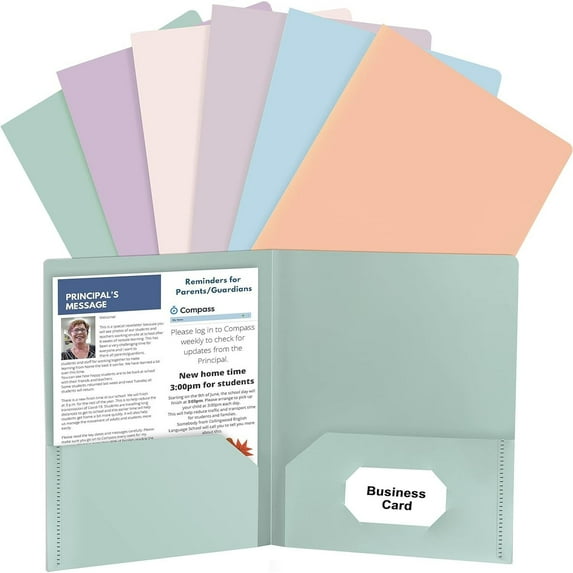 6 Pack Plastic Folders with Pockets, 6 Color Heavy Duty Two Pocket Folder with Business Card Holder for Office High School Business Resume
