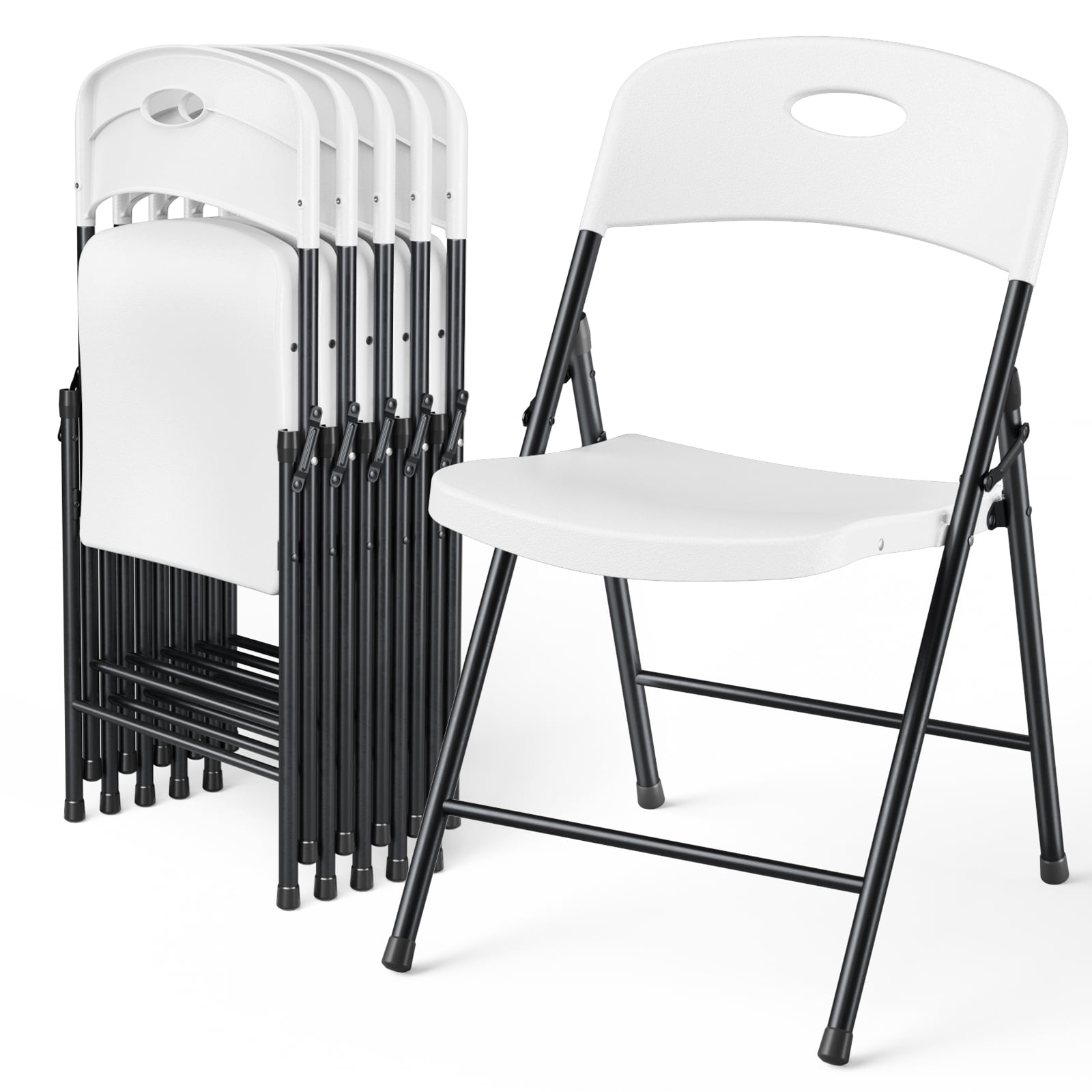 6 Pack Plastic Folding Chair, Sturdy Metal Folding Chairs for Outside Indoor, Portable 350 lbs Capacity Heavy Duty Stackable Commercial Seating for Picnic, Party, Patio (White)