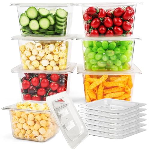 6 Pack Plastic Food Pan with Lids 1/6 Size 4 Inch Deep Commercial Food Storage Containers for Fridge Salad Fruits Vegetables Clear Restaurant Polycarbonate