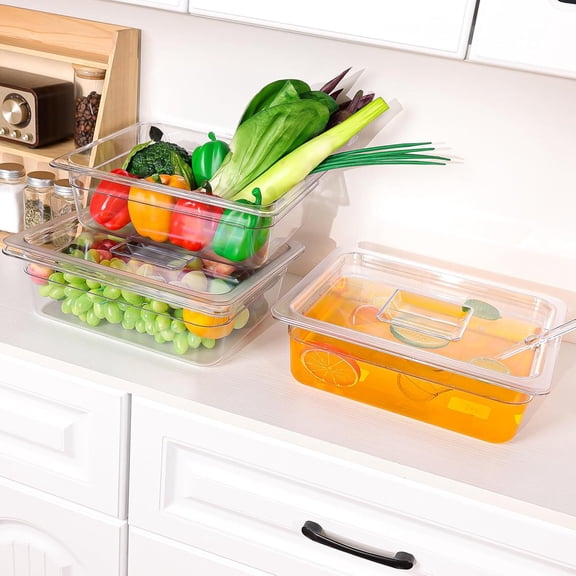 6 Pack Plastic Food Pans with Lids 1/2 Size 4'' Deep Restaurant Food Containers Stackable Clear Polycarbonate Commercial Hotel Pans with 1 Plastic Spoon for Fruits Vegetables