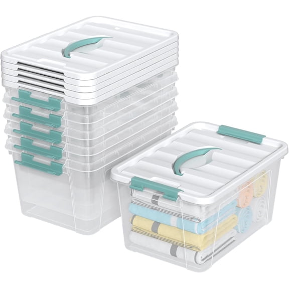 6 Pack Plastic Latching Box with Handle, 12 Quart Clear Lidded Storage Bin