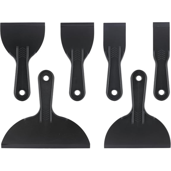 6 Pack Plastic Putty Knife, Durable Plastic Scraper Tool with No-Slip Grip for Spackle, Spreader, Non Scratch and Easy Cleaning Spackle Knife, Putty Knife Set, Black