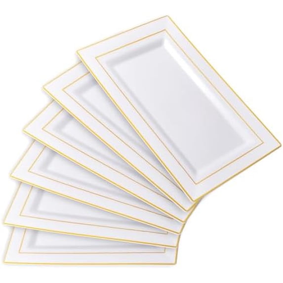 6 Pack Plastic Serving Trays, Gold Rim Disposable Serving Trays, Gold Disposable Serving Platter for Food Party Serving Platters and Plastic Trays 13.97x8.46 inches