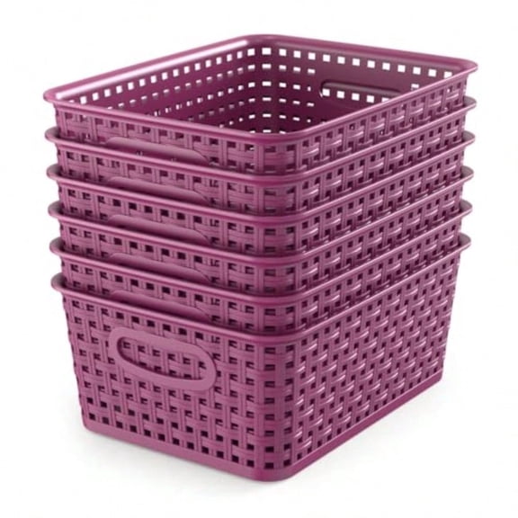 6-Pack Plastic Small Shelf Storage Weave Baskets Organizing for Cabinets and Pantries Deep Purple