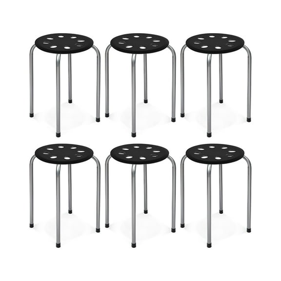 6-Pack Plastic Stack Stools, 14.5"D x 14.5"W x 17.5"H Portable Stackable Stools with Metal Frame, Backless Classroom Decoration Stools with Round Top Ideal for Kids Children Students, Black/Gray