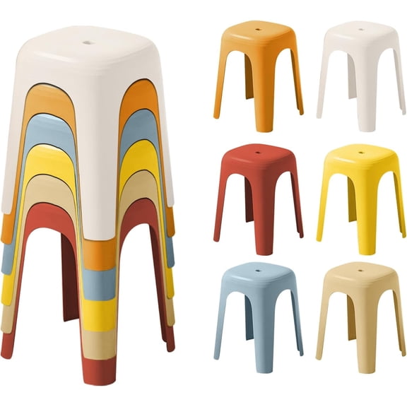 6 Pack Plastic Stackable Stools, Linor 18.1 Inch Height Colorful Nesting Stools, Portable Backless Stool, Flexible Seating Chairs for School Home Office