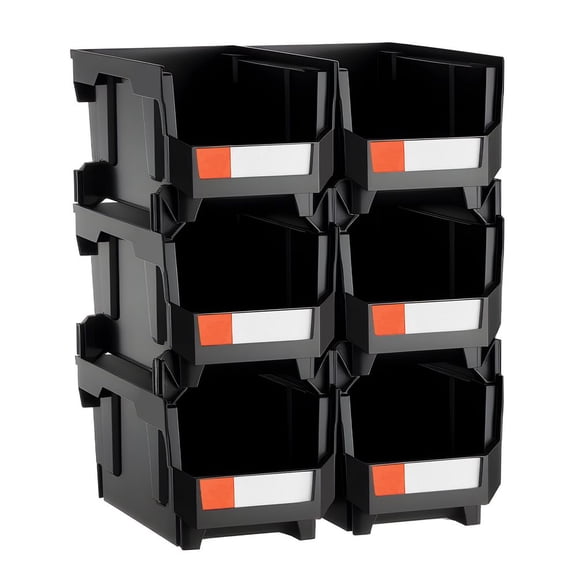 6 Pack Plastic Stackable Storage Bins 14.8x8.5x7.1 In Front-Open Organizer (Black)