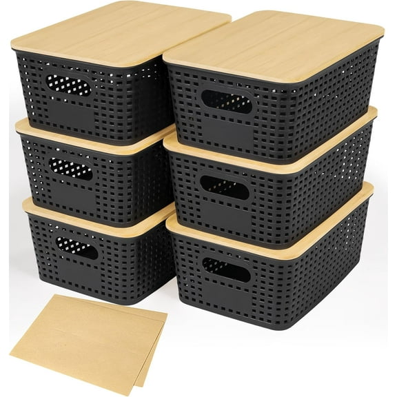 6 Pack Plastic Storage Baskets With Bamboo Lid, Stackable Storage Baskets for Organizing Desktop Closet Shelves Drawers Pantry Organization Office Playroom Classroom (Black)