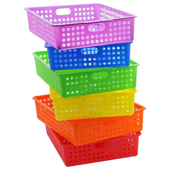6-Pack Plastic Storage Baskets - Bright Rainbow Colors - Stackable Desktop Organizer for Home, Office, Drawers & Shelves (Colors as Pictured, Random)