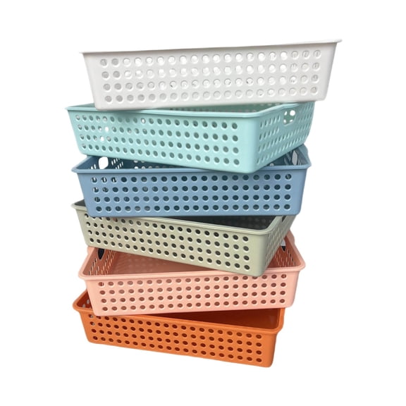 6-Pack Plastic Storage Baskets - Pastel Macaron Colors - Stackable Desktop Organizer for Home, Office, Drawers & Shelves (Colors as Pictured, Random)