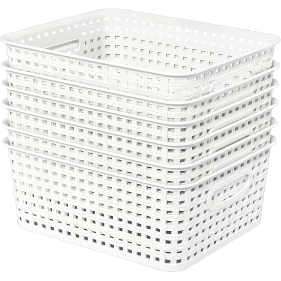 6 Pack Plastic Storage Baskets,Plastic Weave Storage Organizer Baskets,White Weave Basket Bins Organizer for Office home,10.1" x 7.55" x 4.1
