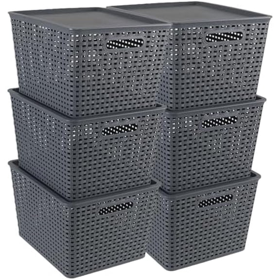 6 Pack Plastic Storage Baskets with Lids, Weave Baskets for Organizing, Dark Grey$$Home Decor, Kitchen, & Other