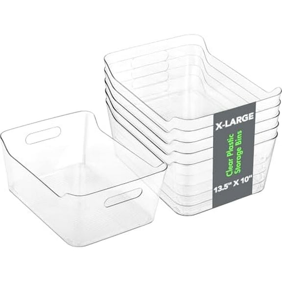 6 Pack Plastic Storage Bins, Extra Large Pantry Organizer, 13.5" x 10" Clear Storage Containers and Organizer Bins, Multi-Use Bins for Home, Kitchen, Closet and Cabinet