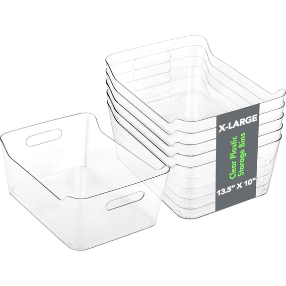 6 Pack Plastic Storage Bins, Extra Large Pantry Organizer, 13.5" x 10" Clear Storage Containers and Organizer Bins, Multi-Use Bins for Home, Kitchen, Closet and Cabinet