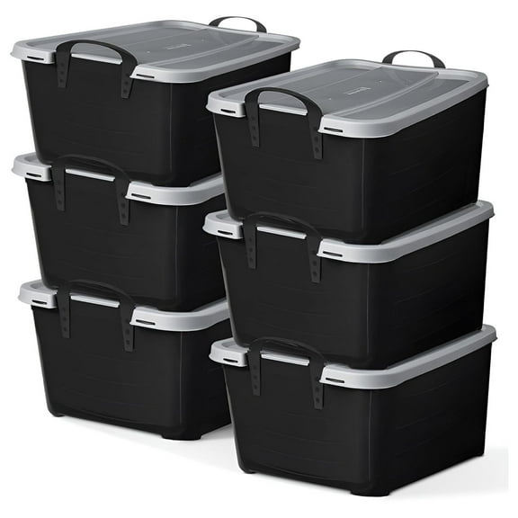 6-Pack Plastic Storage Bins with Lids, Black & Gray, 55 Quart - Stackable, Heavy-Duty Tote Containers for Home, Garage or Moving, Secure Snap-Lock Lid & Built-In Handles for Easy Carrying Black/Gray