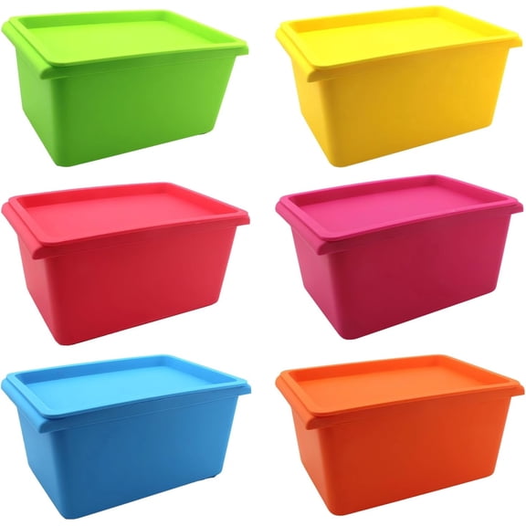 6 Pack Plastic Storage Bins with Lids, Small Stackable Storage Boxes 9.5 x 6.5 x 5.5 Inch, Colorful Storage Totes for Craft Office Supplies Organization(6 Colors)