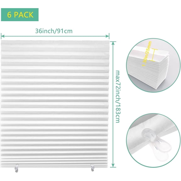 6-Pack Pleated Paper Temporary Shades Cordless Light Filtering Cut to Size Temporary Paper Blinds for Indoor Windows of Office, Bedroom, Bathroom, Living Room, 36" W x 72" H, White