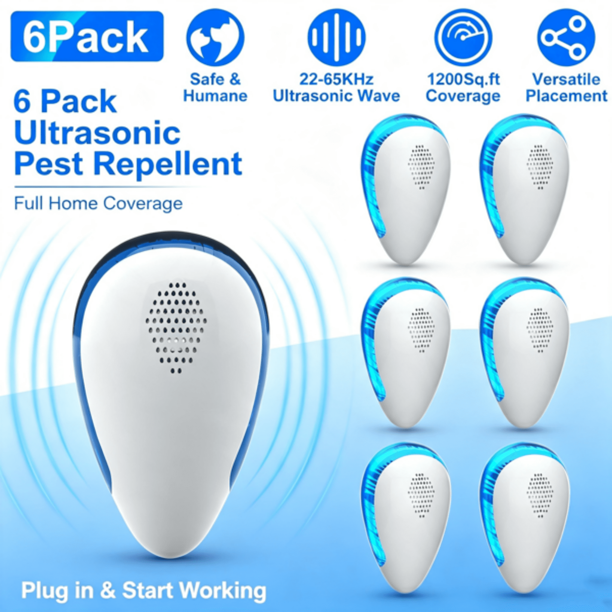 6 Pack Plug‑in Ultrasonic Electronic Unit, Variable 22‑65KHz Frequency Wall‑Socket Powered Device for Kitchen, Bedroom, Garage, Indoor Household Use
