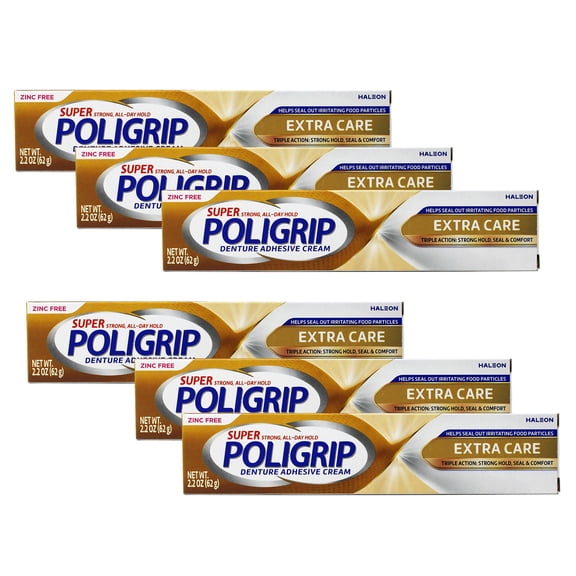 6 Pack - PoliGrip Super, Denture Adhesive Cream, Extra Care - 2.2 oz Each