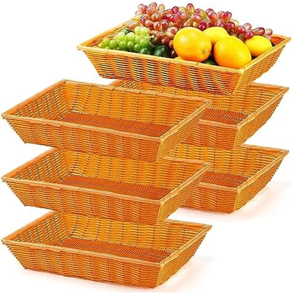 6 Pack Poly Wicker Baskets, 16 Inch Imitation Rattan Woven Bread Baskets Rectangle Stackable Basket for Kitchen Restaurant Tabletop Display Outdoor Picnic Food Fruit Vegetables Bread Serving