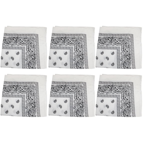 6 Pack Polyester Bandanas with Paisley Print Durable and Fast-Drying (White)