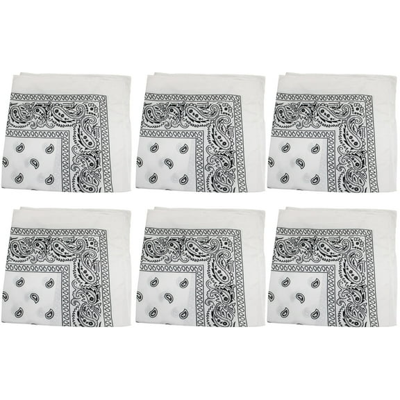 6 Pack Polyester Bandanas with Paisley Print Durable and Fast-Drying (White)