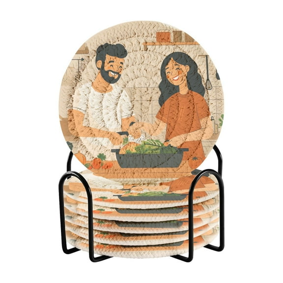 6-Pack Polyester Coil Coasters with Holder - Heat-Resistant (140℃), Non-Slip & Durable，Couple