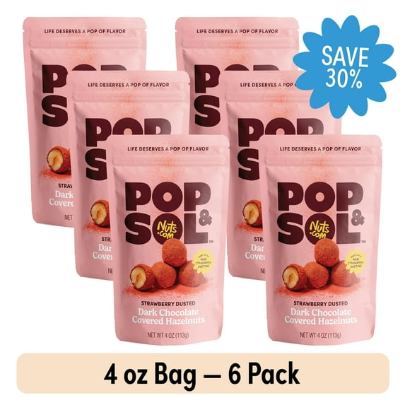 (6 Pack) Pop & Sol by Nuts.com, Strawberry Dusted Dark Chocolate Hazelnuts, 4 oz Bag