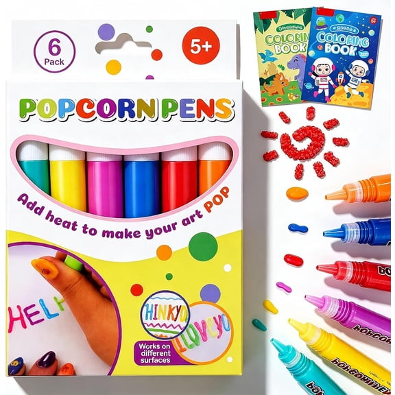 6 Pack Popcorn Pens, 6 Colors 3D DIY Bubble Puffy Drawing Pens, Safe Art Craft Marker for Graffiti, Greeting Cards and Handmade Projects