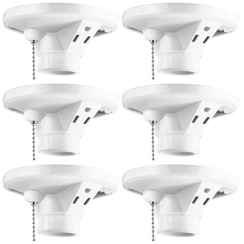 6 Pack Porcelain Light Socket with Outlet and Pull Chain Light Fixture, Bulb Socket with Grounded Outlet, E27/e26 Base, Porcelain Box Mount for Indoor Garage Closet Lighting