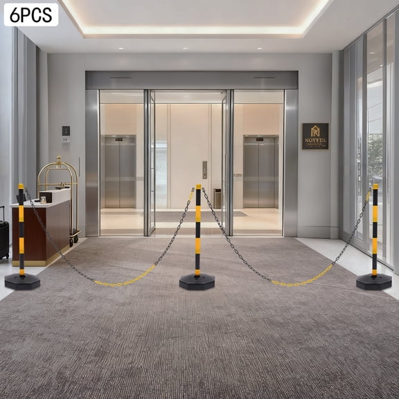 6 Pack Portable Parking Pole, Free Standing Safety Bollards with Adjustable Delineator Post & 6.56FT Chain Fillable Base Traffic Cones for Traffic Control, Indoor/Outdoor (Yellow & Black)