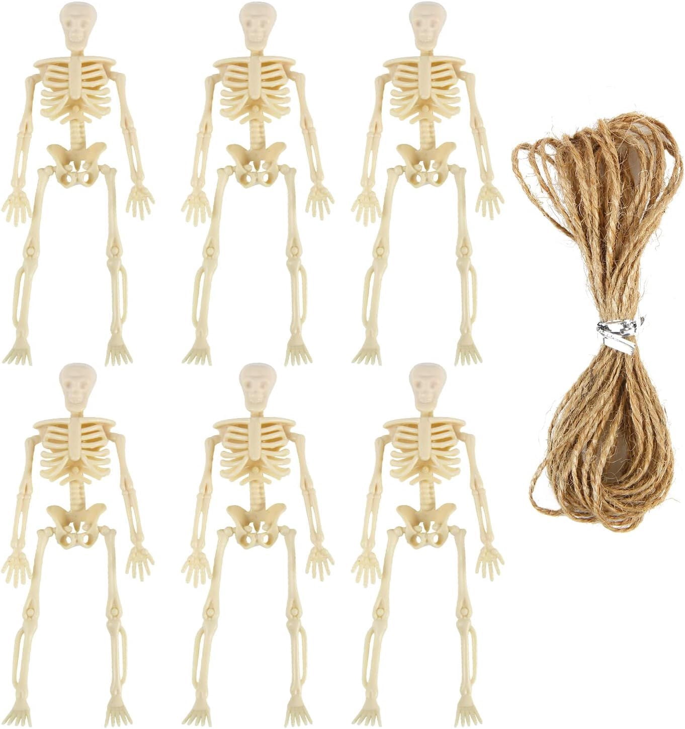 6 Pack Posable Mini Skeleton Figurines with Jute Rope for Halloween Decor