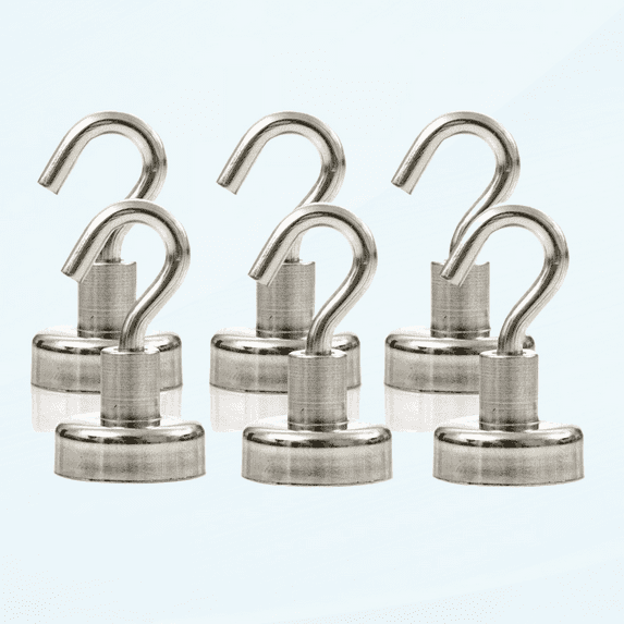 6 Pack of Powerful 30LB Neodymium Heavy Duty Magnetic Hooks +3M Non Scratch Stickers Multi Use Indoor & Outdoor Hook Magnets! Declutter and Add Storage Now!