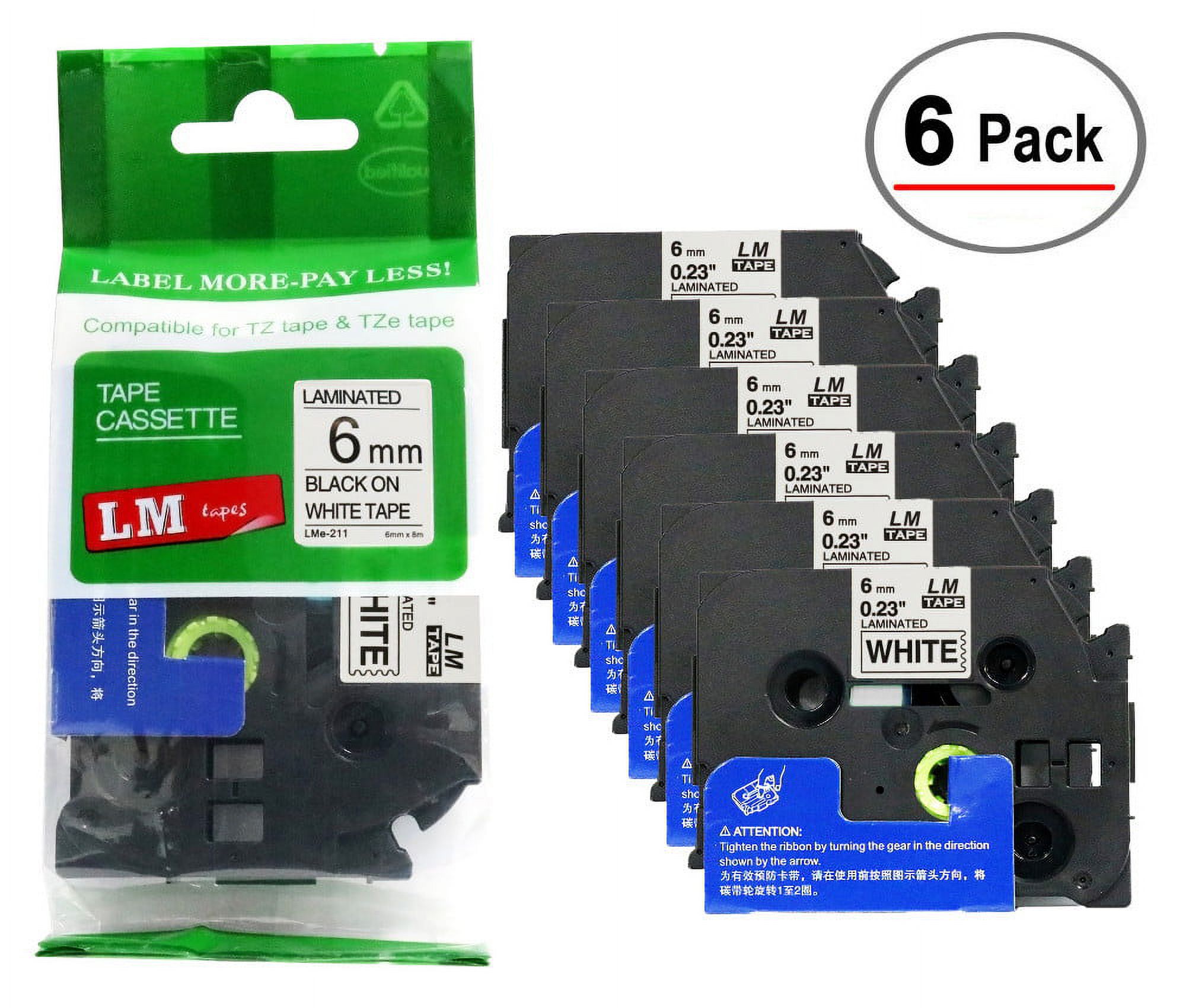 6/Pack - Premium Compatible with TZe-211 Black on White 1/4 p-touch Label tape, 6mm laminated replacment TZe211 tape, TZ211 0.23" black ink on White label with color/size guide. - image 1 of 2