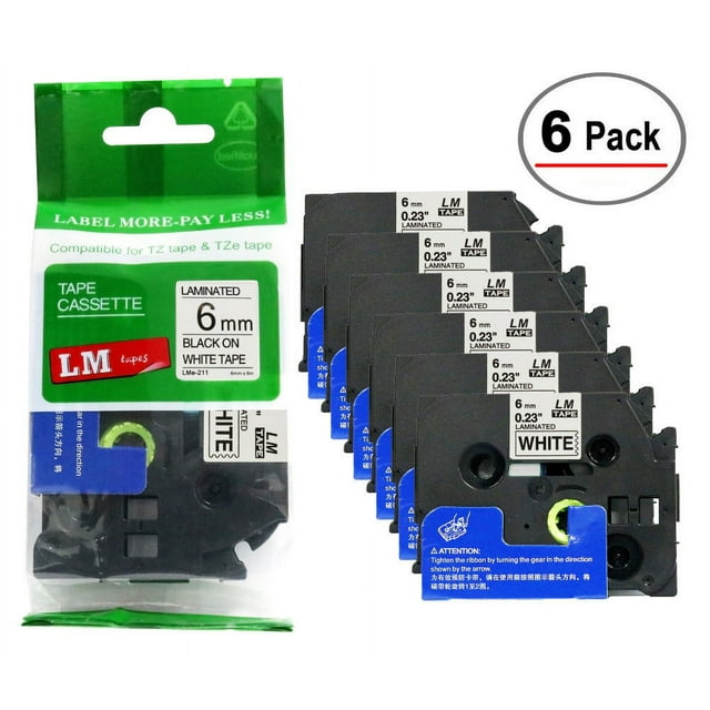6/Pack - Premium Compatible with TZe-211 Black on White 1/4 p-touch Label tape, 6mm laminated replacment TZe211 tape, TZ211 0.23" black ink on White label with color/size guide.